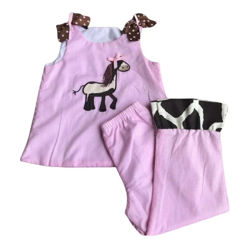Ritzy Tots Pink White Gingham Horse Applique Outfit‎ Set NEW NWT Bows 5